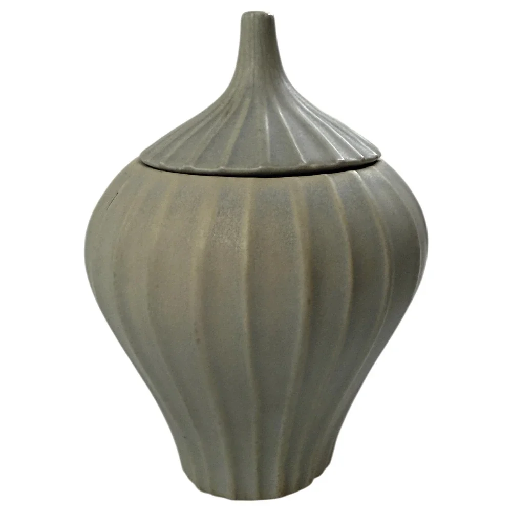Jonathan Adler Pot a Porter Ribbed Jar with Lid Cover Gray Ceramic Pottery READ